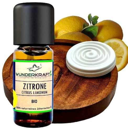 Pures BIO Zitronenöl 10ml + riesen Duftstein & Holzteller im Set - 100% naturreines ätherisches Öl von WUNDERKRAFT.BIO, Aromatherapie & Diffuser geeignet, Aromaöl