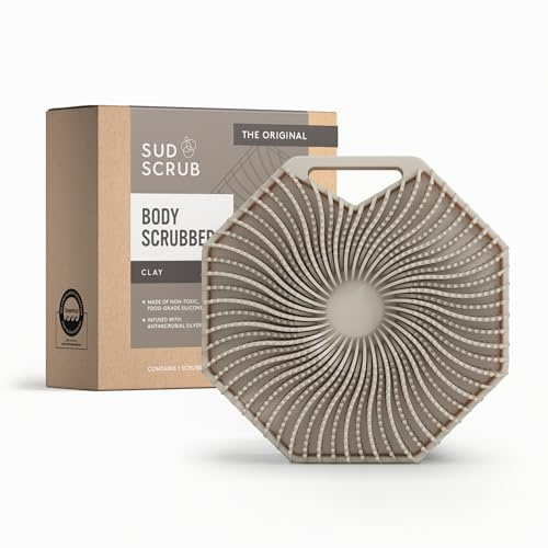 Sud Scrub® Antimicrobial Silicone Body Scrubber, Exfoliating Body Scrubber for Sensitive Skin, Eco Friendly Shower Scrubber for Body, Silicone Body Brush for Showering, Clay