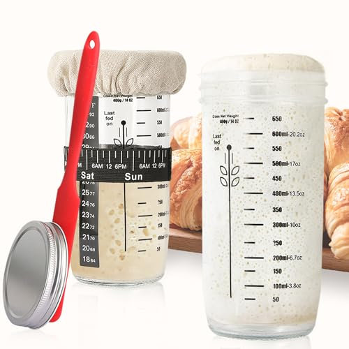 Gärkörbchen Gärkorb Sauerteig Starter Set 650ml 1pack, Sauerteig-Brot-Starterglas mit Futterband Datumsmarkierung, Thermometer, Schrott, Stoffbezug, Metalldeckel, Heimback Gärungszubehör Backen