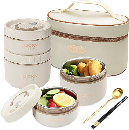 LANSKYWARE Portable Insulated Lunch Containers, Stainless Steel Bento Box Adult Lunch Box with Insulated Lunch Bag, 4 Separate Stackable Lunch Container for Adult, White…