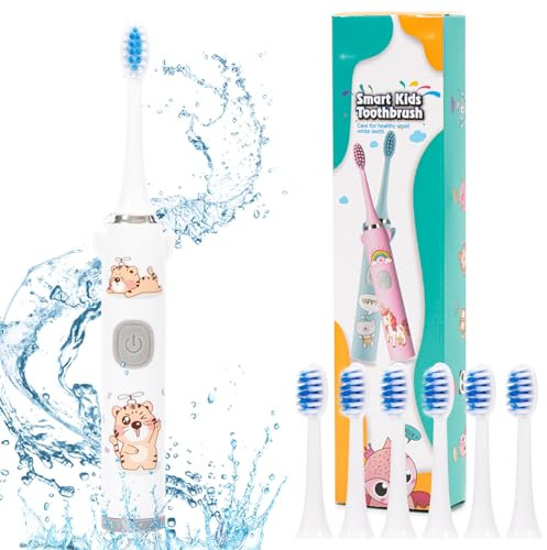 Electric Toothbrushes, Electric Toothbrush Kids, Battery Operated Kids Toothbrushes with 6 Toothbrush Heads for Travel (White)