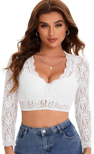 Adisno Dirndl Bluse, Camicia Dirndl Donna, Camicia Bavarese Donna,Dirndl Blouse, Scollatura a V,Bianco (IT, Numero, 40, Regular, Regular, Bianco)