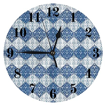 djfhwvjxt Horloge Murale Bleue Marine silencieuse sans tic-tac, Motif Oriental Horloge Ronde décorative Bleu Bleu 25 cm