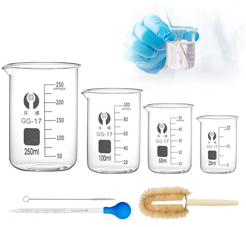 Forhandy Abgestufter Messbecher Glas Becherglas mit Graduierung in Niedriger Form in 5 Größen 25ml 50ml 100ml 250ml Borosilikatglas Becher Set mit 1 Glaspipette und 2 Waschbürste für Labor Küche