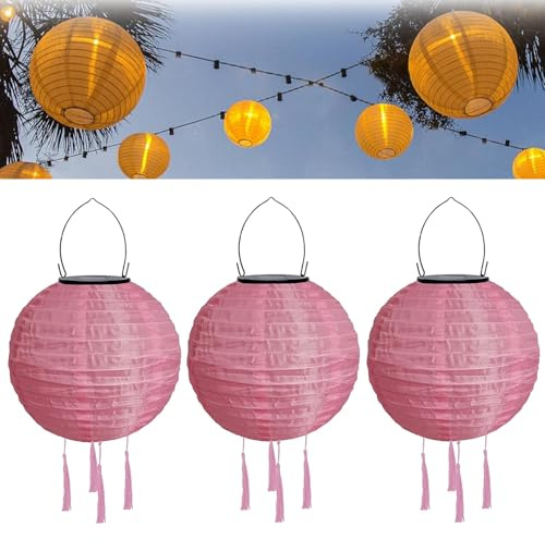 Solar Lampions Außen Wetterfest mit Fransen Nylon Solarlampions für Außen Hängend Warmweiß Solar Laterne Gartenlaterne LED Solar Lampion Outdoor Rund Lampingions Solarlampen (20cm/3PCS/Rosa)