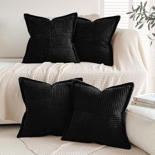 Sungeek 4er Set Kordsamt Kissenbezüge, Dekorativ Zierkissenbezüge Weich Kissenbezug Dekokissen Sofakissen Couchkissen Kissenhülle Deko Bezug für Sofa Schlafzimmer Wohnzimmer (Schwarz, 45x45 cm)