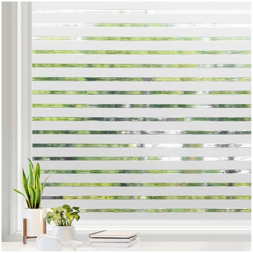 rabbitgoo Window Film Privacy for Glass Windows, Frosted Stripe Patterm Glass Sticker Static Cling No Glue Anti UV Decorative Door Cover Film for Home Office, 90 x 200 cm