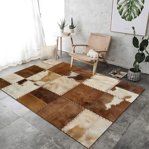 Tapis pour Salon 160 x 230 cm Texture Patchwork à Rayures en Cuir de Vache Motifs Lavables avec Dos Antidérapant, Pile Courte et Douce pour Cuisine Salle à Manger Bureau Chambre, Marron, Crème