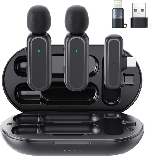 Wireless Lavalier Microphone for iPhone, iPad & Android– 2 Mini Clip-on Mics with Charging Case, Noise Reduction, for Video Recording YouTube, TikTok, Vlogging