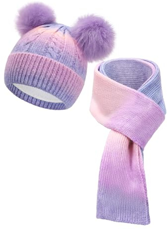 SERENYOU Kids Winter Beanie Hat Scarf Set Boys Girls Double Pompom Hat with Thicken Knitted Warm Scarf 3-10 Years Purple