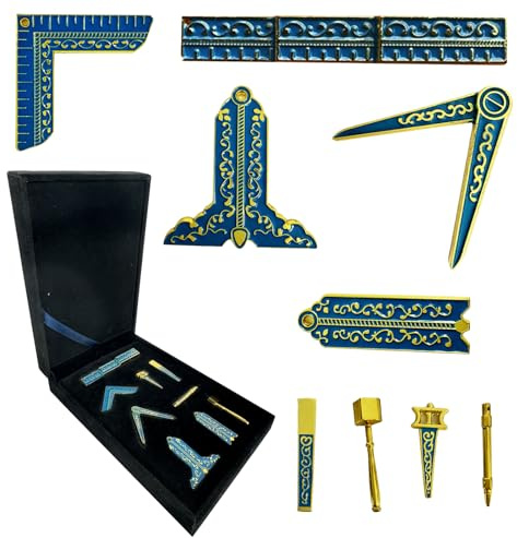 Masonic Working Tools Set - Freemason Tools Set with Square Compass Gavel Ruler Chisel Trowel and Deacon's Rod | Bondi Blue Lodge Masonic Tool Set | Freemason Metal Symbol Accessories