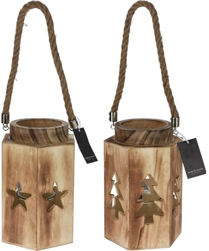 Bambelaa! 2er Set Weihnachtliche Vintage Holzlaterne Windlicht mit Sternen- und Tannenbaummuster (ca. 14 x 16 x 23 cm)