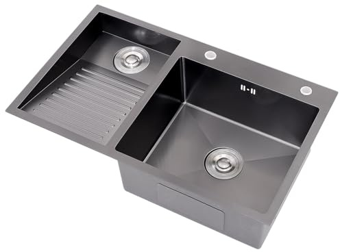 AIVANOTO Fregadero De Lavandería Sus, Fregadero Grande con Tabla De Fregar Integrada, Pileta De Lavado De Doble Cubeta, con Kits De Drenaje, para Lavadero, Balcón, Sótano(Black-A,70x48x22cm)