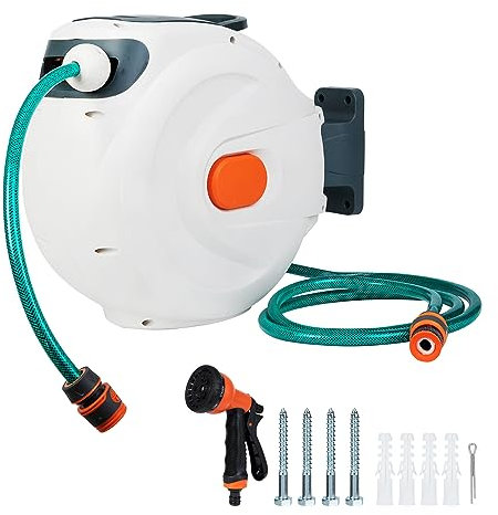 Panana 20m Retractable Hose Reel, Portable Wall-Mounted Plastic Garden Reel with 9 Function Spray Nozzle, 180°Swivel, Auto Lock and Auto Rewind, Long Reach, Outdoor Watering White