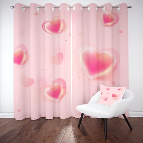 Kioldoq Rosa Herz Gardinen mit Osen, Modern Einfache Vorhang 2er Set 215x110 cm, Kind Mädchen Blickdichte Gardinen, Thermovorhang für Schlafzimmer Wohnzimmer Fensterdekoration