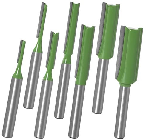 HADTK 7pcs 1/4 Shank Straight Cut Router Bits, Shaft Trimmer Bit, Tungsten Carbide Double&Single Flute Straight Dado Router Bit Set Woodworking Grooving Chamfering