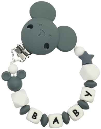 maus Silikon Schnullerkette mit Wunschname – Maus Motiv mit Stern – Personalisierter Schnullerhalter – BPA-frei & Handgemacht – Perfektes Babygeschenk zur Geburt oder Babyshower (Grau)