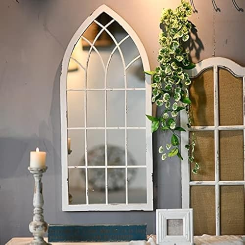 DEENZ Arched From Top Window Mirror White Brushed Large Frame Vintage Style Wall Mounted Home Decoration Antique Item For Indoor Use 90 X 60 Cm