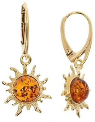 Artisana Jewels - Orecchini moderni Sole con ambra, incastonati in argento sterling 925/000 placcato oro