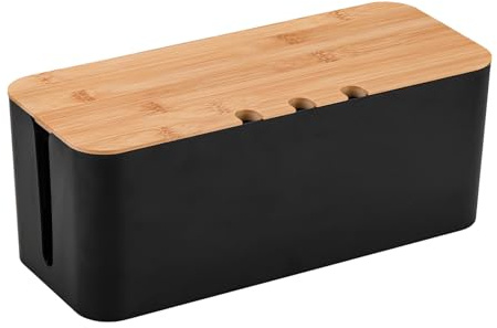 Kabelmanagementbox, Aufbewahrungsbox für Kabel mit Bambusdeckel, 23,5 x 12 x 11,5 cm Cable Management Box, Kabelorganisator Box zum Verstecken und Ordnen von Kabeln, Schwarz