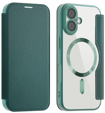 ZQYFCDZ Magnetfodral för iPhone 17 – Flip plånboksfodral i PU-läder med kortplats, kompatibelt med trådlös laddning, kameraskydd, transparent fodral, grön