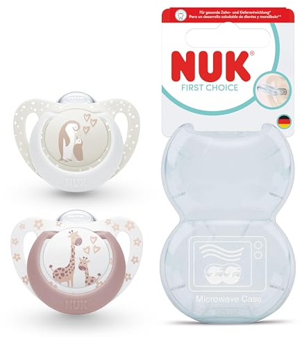NUK First Choice Baby Dummies | 0-6 Months | Orthodontic Soothers | Soothes 99% of Babies** | Penguin & Giraffe | 2 Count