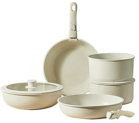 Set di pentole - pentole in pietra da 9 pollici | Mane rimovibili leggero resistenti in alluminio lavastoviglie in modo finitura bianca perfetta per cucina in cucina e design moderno elegante