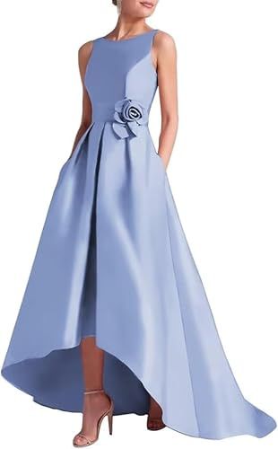 Generico Abiti da Ballo in Satin Abito Lungo con Fiori 3D e Tasche Abiti da Sera Asimmetrici con Schiena Scoperta Blu Polveroso XXL