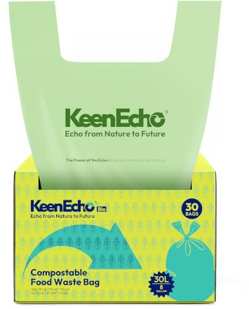 KeenEcho Extra Thick Compostable Food Waste Bin Bags with Handles, Biodegradable Bin Liners for Kitchen Caddy, 30L 30 Pack, Green