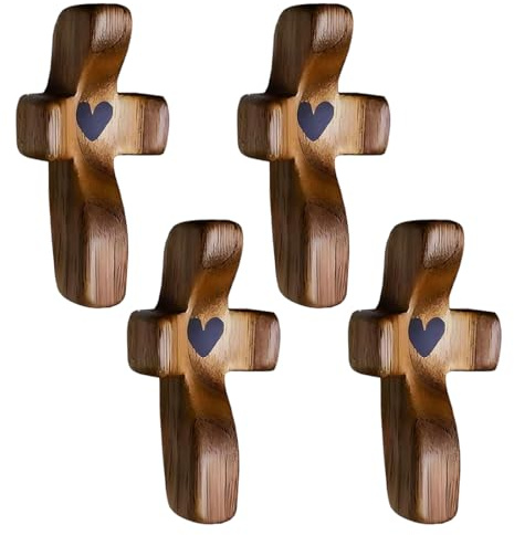 CATZUM 4 PCS Croci Tascabili in Legno, Croce Protettiva in Legno, Croce da Pollice per Preghiera, Croce di Gesù a Forma di Cuore, Sollievo dallo Stress e Regali