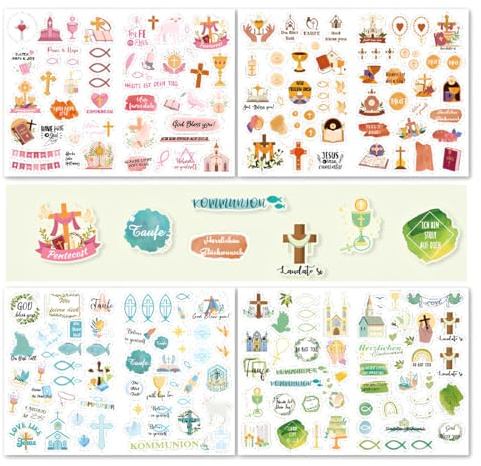 Luxorium 4 hojas de pegatinas transferibles para comunión con frases, cruz, pez, eucalipto, adhesivos para vidrio, madera, cerámica y muebles