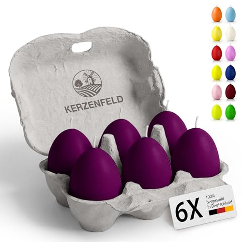 Bunte Eierkerzen 6 Stück, 60 x 45mm hochwertige Osterdeko - Ostereier Kerzen mit 7+ Stunden brenndauer, Made in Germany - Unparfümiert und RAL-Zertifiziert (Violett)