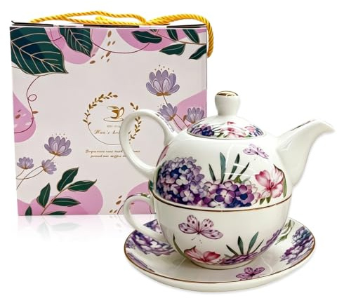VETOLAKA Tetera de cerámica: juego de té, té para uno, creativo con taza y platillo que ahorra espacio, para el té posnoon