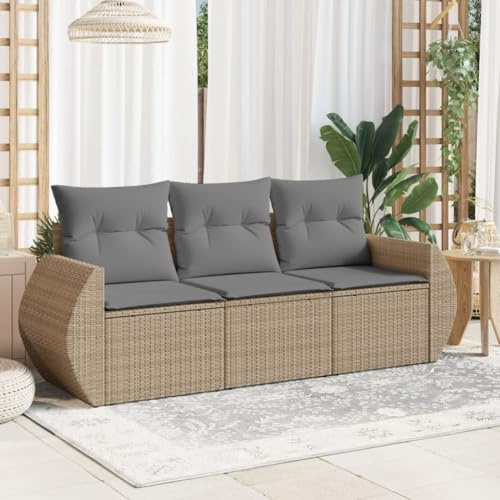ACAGALA Gartenmöbel Set mit Stauraum 3 Teilig, Polyrattan Sitzgruppe Set mit Kissen & wasserdichte Innentasche, 3 Sitzer Gartensofa, Outdoor Loungemöbel Sitzgruppe Garnitur Set, Beige und Grau