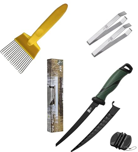 Zite Fishing All-in-One Filetierset | Filetiermesser 20 cm | Flexible Edelstahl-Klinge & Rutschfester Griff | Inkl. Filetierkamm & 2 Grätenzangen | Fischmesser Filetiergabel Forelle
