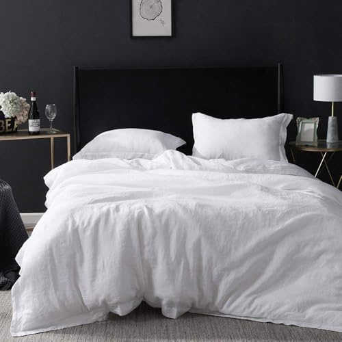 Simple&Opulence 100% Linen Duvet Cover Set with Embroidery Border Washed - 3 Pieces (1 Duvet Cover with 2 Pillow Shams) with Button Closure Soft Breathable Farmhouse - White, Full Size