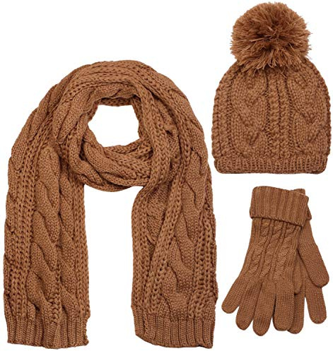 styleBREAKER Schal, Mütze und Handschuh Set, Zopfmuster Strickschal mit Bommelmütze und Handschuhe, Damen 01018208, Farbe::Cognac / Schal (One Size)