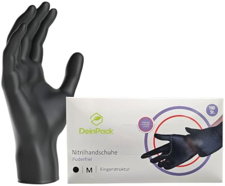 DeinPack 100 Einweghandschuhe schwarz, Einmalhandschuhe M, Nitril Handschuhe, Nitrilhandschuhe puderfrei, Gummi-Handschuhe Einweg, Schutzhandschuhe, Handschuhe Nitril in S, M, L, XL