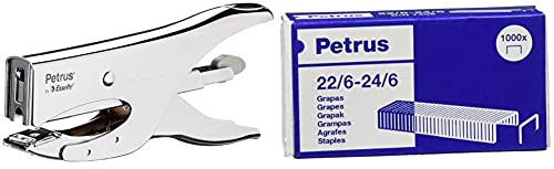 Petrus 222 Grapadora de tenaza, metal cromado + Grapas- Caja de 1000 grapas de 22/6 1 caja, 55723