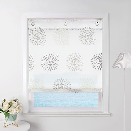 ESLIR Raffrollo ohne Bohren Raffgardine mit Ösen Transparent Gardinen mit Haken Ösenrollo mit Kreis-Motiven Modern Voile Braun BxH 80x140cm 1 Stück