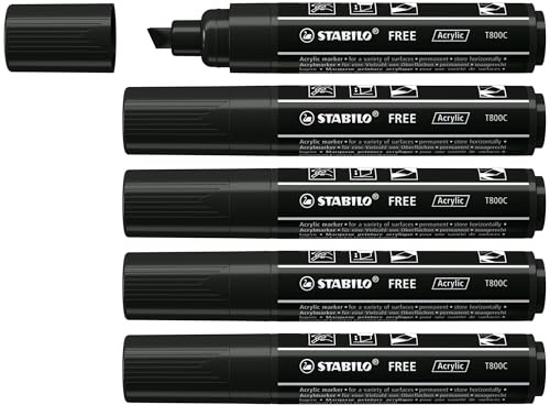 STABILO - Acrylmarker - FREE Acrylic T800C | Strichbreite 4-10 mm, 5er Pack, schwarz