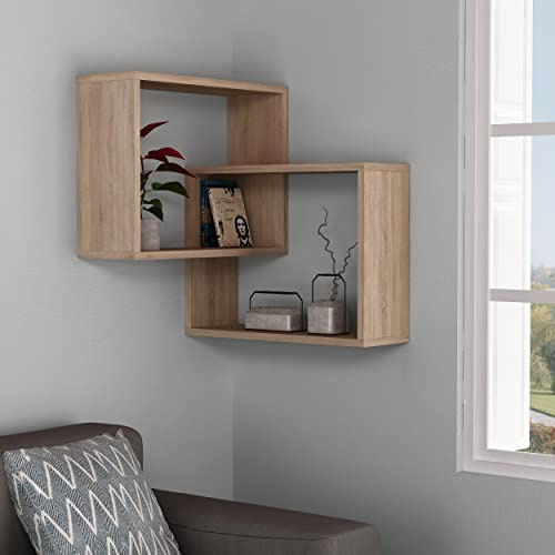 Eckregal mit 2 Ebenen zur Wandmontage| modernes Schweberegal als Corner Bookshelf für Küche| Wohnzimmer| Arbeitszimmer und Schlafzimmer| hohe Belastbarkeit bis 17 kg| 20 x 60 x 68 cm (Eiche)