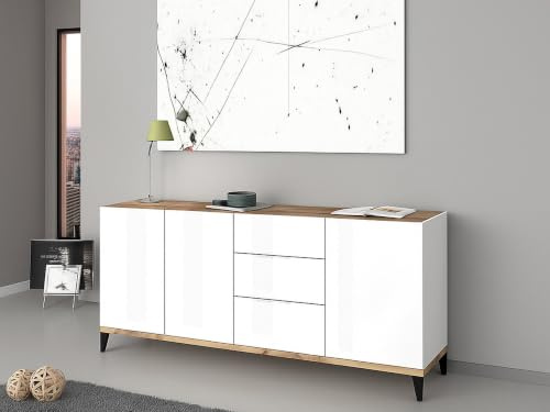 Dmora - Buffet Paolo, Buffet de cuisine 3 portes et 3 tiroirs, 100% Made in Italy, 160x40h82 cm, blanc brillant et érable