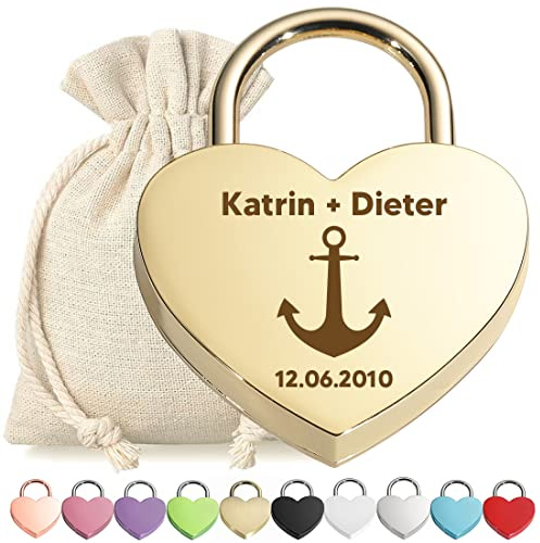 polar-effekt Liebeschloss Herzschloss Schloss Gold mit personalisierter Gravur - Motiv Anker - Metall Vorhängeschloss - Stoffbeutel - Geschenk Jahrestag, Valentinstag - für Sie und Ihn - Liebe, Love