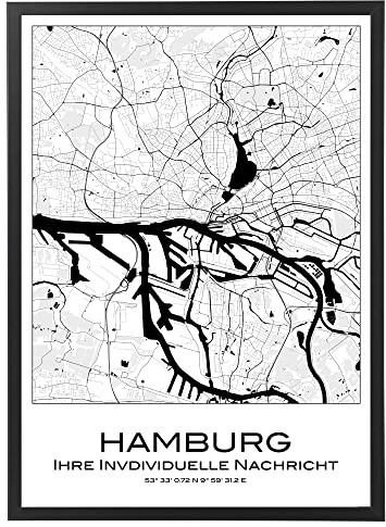 Personalisierbares Hamburg Poster schwarz gerahmt oder als Leinwandbild, Modernes Wandbild, Dekoration Geschenkidee Städtetrip (Hamburg)
