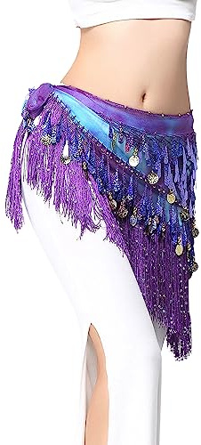 Belly Dance Hip Scarf Tassels Sequins Triangle Wrap Skirt with Coins Belly Dance Performance Costume Festival Skirt (Purple)