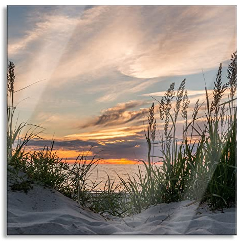 Pixxprint Glasbild, Wandbild auf Echtglas, Gras am Strand bei Sonnenuntergang, 50x50 cm, inkl. Aufhängung und Abstandshalter