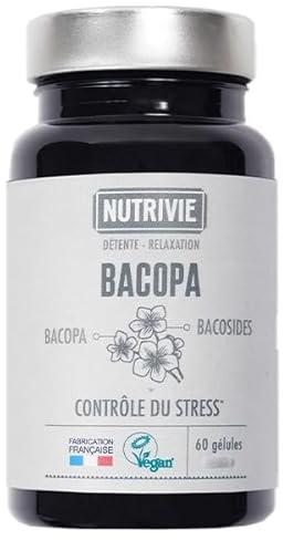 Bacopa Monnier - Hautement dosé 800mg d'extrait - Titré à 20% de Bacosides - Mémoire, Motivation & Gestion du Stress - 60 gélules - Fabriqué en France - Nutrivie
