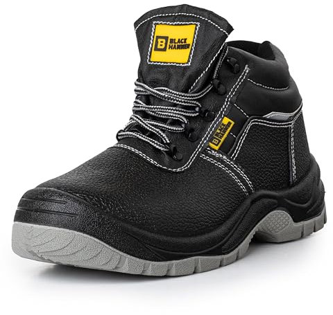 Black Hammer Steel Toe Cap Safety Boots for Men - Durable Leather Work Boots, Ideal for Construction and Industrial Use, Comfortable and Protective Mens Safety Boots BH1300 (8 UK)