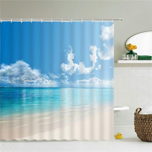 Guofuos Duschvorhang Meerweiße Wolken 150x120cm Duschvorhäng Anti Schimmel,Wasserabweisend Stoff Duschrollo Waschbar,3D Draussen Bad Vorhang Schnell Trocknend,Badewanne Badezimmer Decor Vorhänge